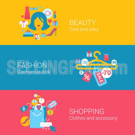 Beauty fashion shopping concept flat icons set of cool glamour sexy clothes accessory and vector web banners illustration print materials website click infographics elements collection.