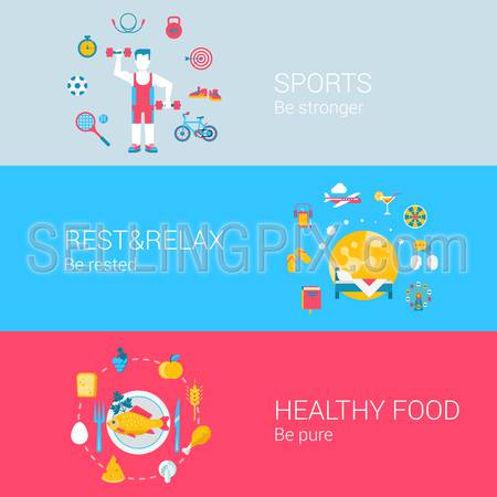Sports healthy fresh food rest relax concept flat icons set of be stronger rested pure and vector web banners illustration print materials website click infographics elements collection.