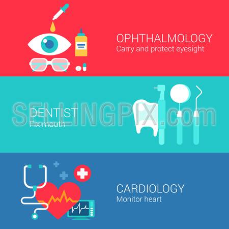 Medical ophthalmology dentist cardiology concept flat icons set of eye sight carry tooth monitor heart vector web banners illustration print materials website click infographics elements collection.