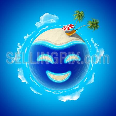 Mini planet concept. Smile island. Hot tropical sand beach with palms, chair and sun umbrella. Travel / tourism concept. Earth collection.