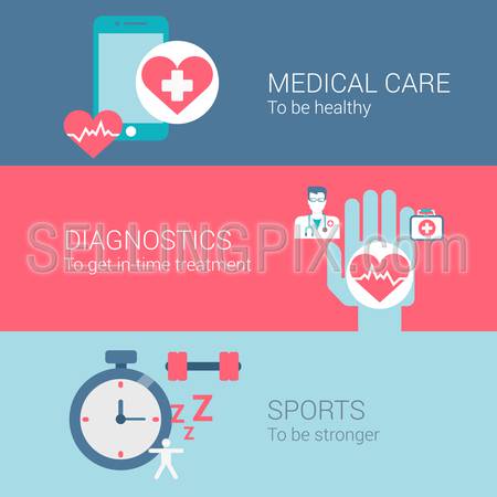 Medical care diagnostics sports concept flat icons set of healthy lifestyle treatment and vector web banners illustration print materials website click infographics elements collection.