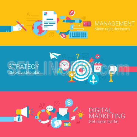 Digital marketing strategy management concept flat icons set of decision plan traffic and vector web banners illustration print materials website click infographics elements collection.