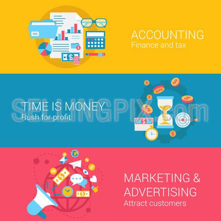 Accounting marketing advertisement concept flat icons set of time is money profit finance tax and vector web banners illustration print materials website click infographics elements collection.
