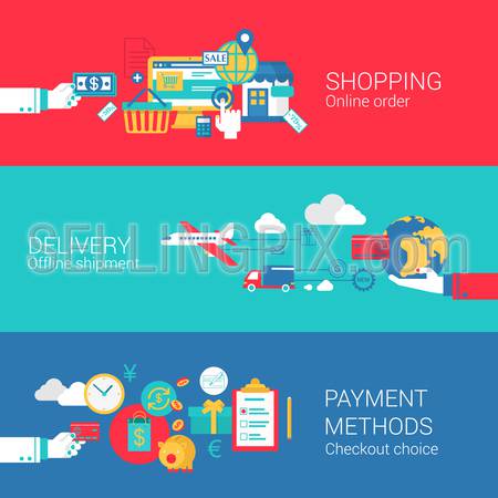 Online shopping delivery payment concept flat icons set of order shipment checkout process and vector web banners illustration print materials website click infographics elements collection.