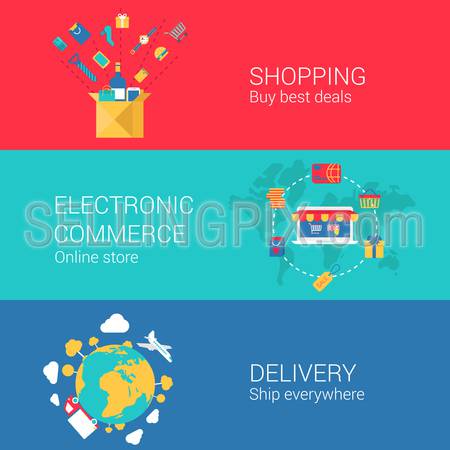 Shopping e-commerce delivery concept flat icons set of online order electronic store shipment and vector web banners illustration print materials website click infographics elements collection.
