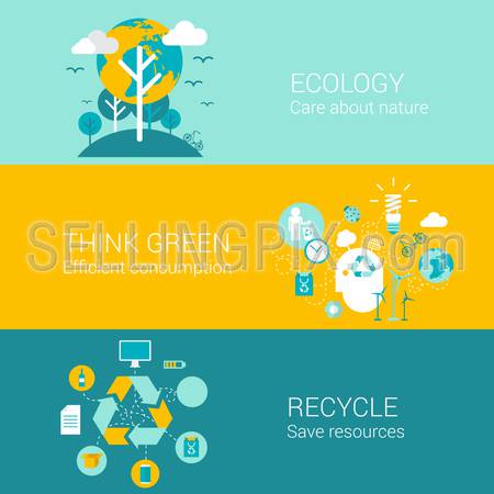 Ecology green recycle concept flat icons set of care nature efficient consumption recycling resource and vector web banners illustration print materials website click infographics elements collection.