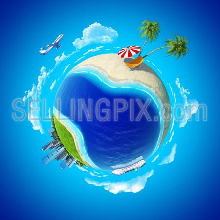 Mini planet concept. City center and tropical beach on the opposite sides. Travel and business concept. Earth collection.