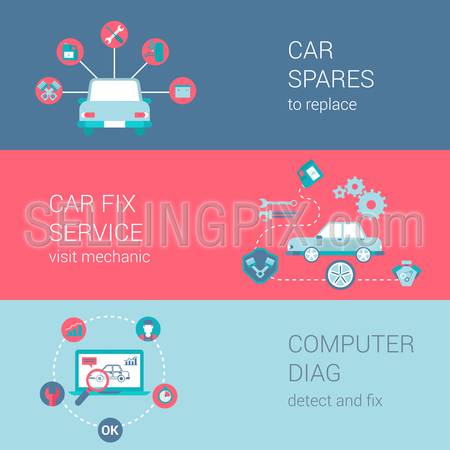 Car fix service spares mechanic shop diag concept flat icons set vector web banners illustration print materials website click infographics elements collection.