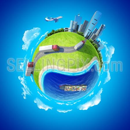 Mini planet concept. Trucks on the highway heading to the city on horizon, huge cargo ship in the ocean. Delivery, transportation expedition concept. Earth collection.