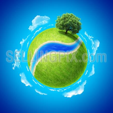 Mini planet concept. Empty space and river on fresh green field and sole standing dense tree. Place for your text, product or logo. Earth collection.
