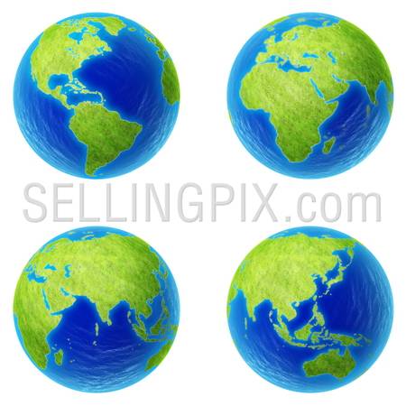 Extra high resolution four parts of the world. 4 globe pieces: Americas, Africa, Eurasia, Asia.