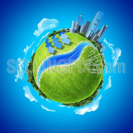 Mini planet concept. City, ocean, forest, wind turbines, solar batteries, river and fresh green field. Earth collection.
