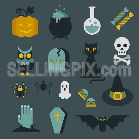 Halloween flat icon set modern style creative design template collection. Bat spider wizard skull pumpkin cat poison grave eye gift box candle coffin owl.