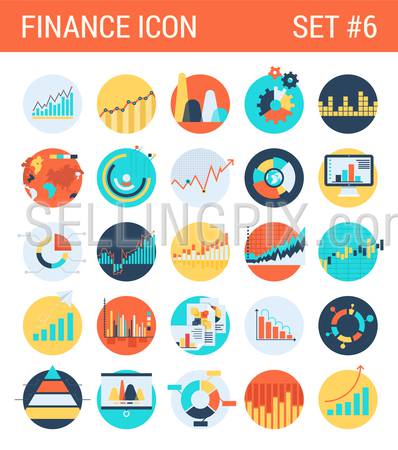 Finance infographics flat icons set diagram statistics graphics chart pie report market analysis bar graph stats web click infographic style vector illustration concept collection.