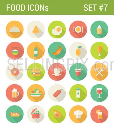 Food flat icons set restaurant cafe bar menu template drink fastfood web click infographics style vector illustration concept collection.