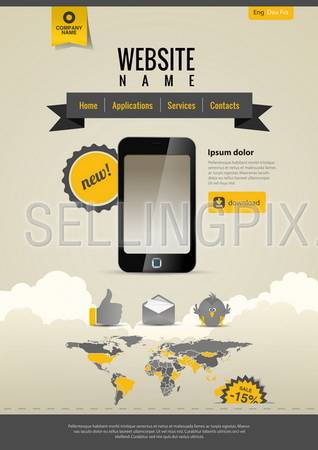 Touchscreen Mobile applications. Smartphone. Website template Retro style. Yellow Black.