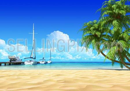Marina pier and palms on empty idyllic tropical sand beach. No noise, clean, extremely detailed 3d render. Concept for rest, yachting, holidays, resort, spa design or background.