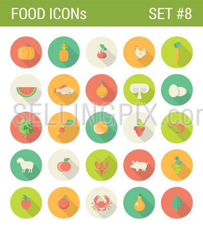 Food vegetables flat icons set restaurant cafe bar menu template organic web click infographics style vector illustration concept collection.