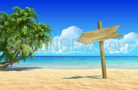 Empty wooden signpost to place your logo, product or text. Palms on idyllic tropical sand beach. Clean, extremely detailed 3d render. Concept for rest, holidays, resort, spa design or background.