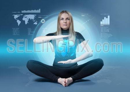 Cute blonde yoga meditation in futuristic holographic media touch interface. Yogic position and globe between hands. Future collection.