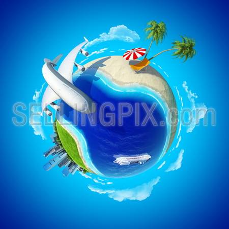 Mini planet concept. City center and tropical beach on the opposite sides. Impressive big plane rounding the globe. Cruise liner in the ocean. Travel and business concept. Earth collection.