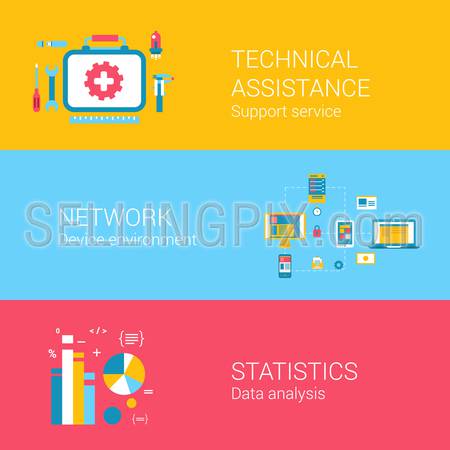 Support concept flat icons set of technical assistance network device environment statistics data analysis and vector web banners illustration print materials website click infographics elements collection.