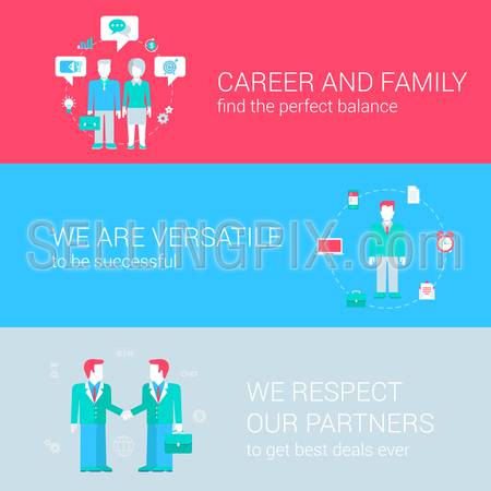 Career family balance concept flat icons set of versatile successful partnership and vector web banners illustration print materials website click infographics elements collection.