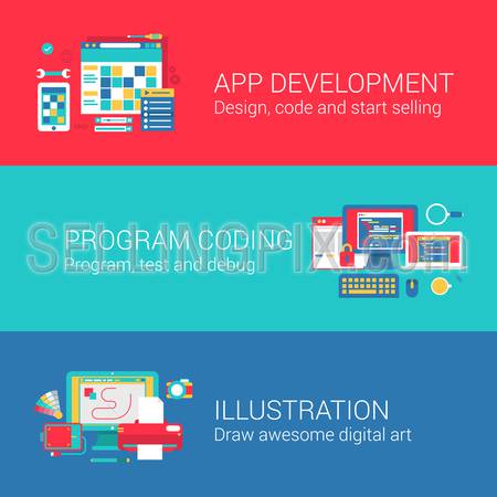 App development code programming concept flat icons set of coding designing testing debugging drawing and vector web banners illustration print materials website click infographics elements collection.