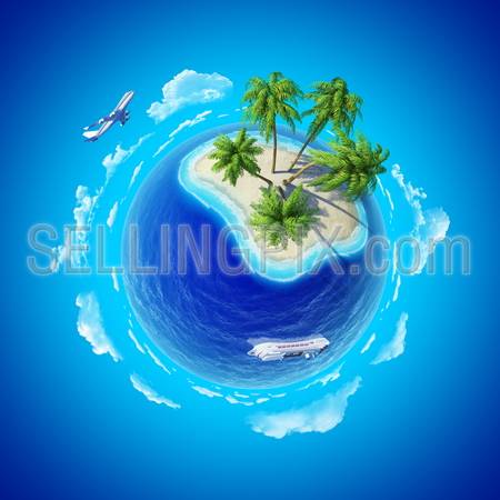 Tropical island, plane and cruise ship. Mini planet concept. Travel and business concept. Earth collection.
