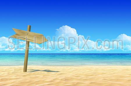 Empty wooden signpost to place your logo, product or text on idyllic tropical sand beach. Clean, extremely detailed 3d render. Concept for rest, holidays, resort, spa design or background.