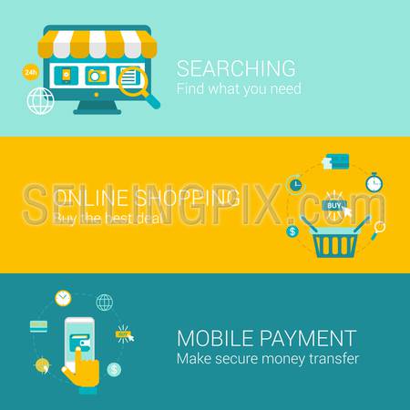 Search shop pay online concept flat icons set of searching best deal sale making purchase mobile payment vector web banners illustration print materials website click infographics elements collection.