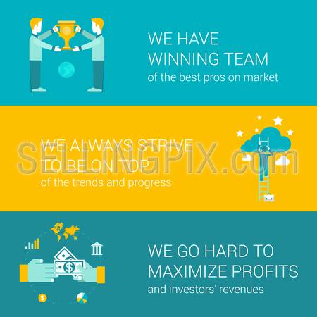 Company motto concept flat icons set of winning team pro strive top go hard maximize profit money and vector web banners illustration print materials website click infographics elements collection.