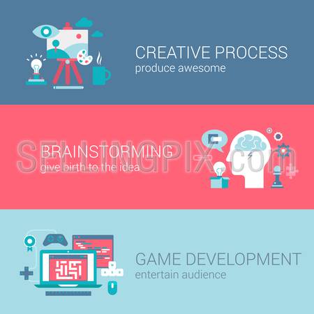 Game development concept flat icons set of creative process brainstorming idea and vector web banners illustration print materials website click infographics elements collection.