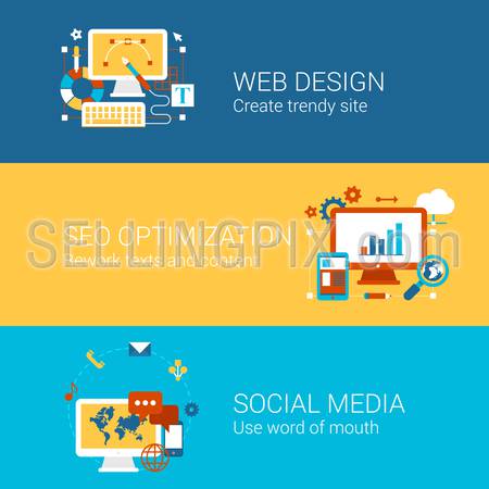 SEO webdesign social media concept flat icons set of processes search engine optimization word of mouth vector web banners illustration print materials website click infographics elements collection.
