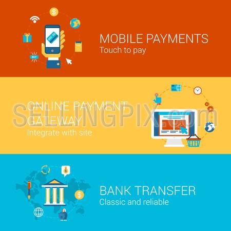 Online payment concept flat icons set of touch screen phone mobile payment checkout gateway bank transfer vector web banners illustration print materials website click infographics elements collection.