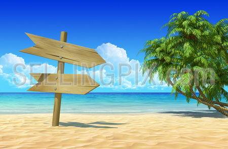 Empty wooden double signpost to place your logo, product or text. Palms on idyllic tropical sand beach. Clean, extremely detailed 3d render. Concept for rest, holidays, resort, spa background.