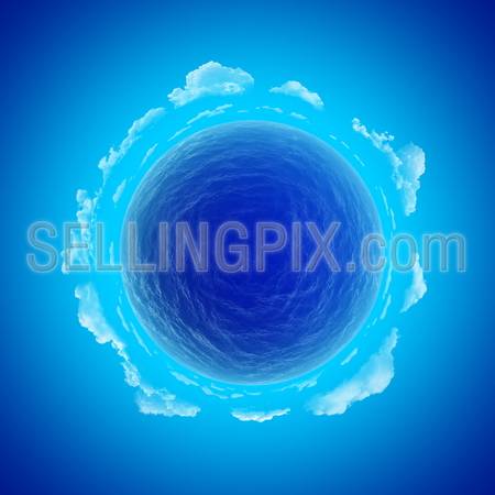 Water planet with blue skies and clouds template concept. Empty space to place your text, product, object. Earth collection.