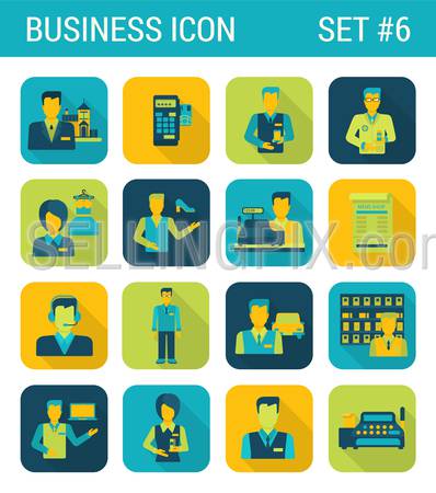 Business flat icons set businessman support office consultant cashier contract staff store boutique web click infographics style vector illustration concept collection.