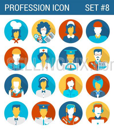 Professions flat icons set cook teacher governess builder doctor nurse driver journalist hairdresser waiter stewardess pilot technician it guy support staff professional web infographics vector.