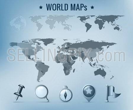World map vector: political, dotted, solid. Navigation Icon pack.