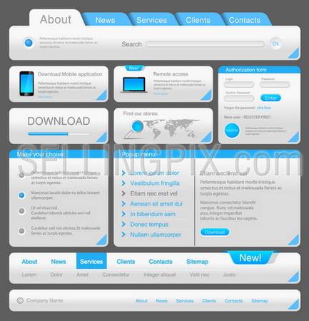 Web designers toolkit. Design elements collection. White Blue. Vector. Editable.