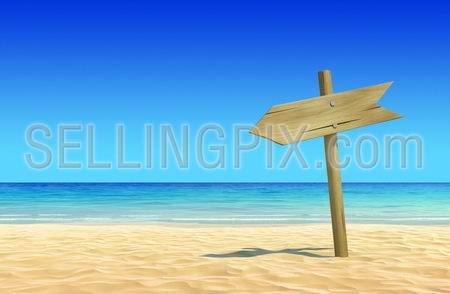 Empty wooden signpost on idyllic tropical sand beach. Clean, extremely detailed 3d render. Concept for rest, holidays, resort, spa design or background.