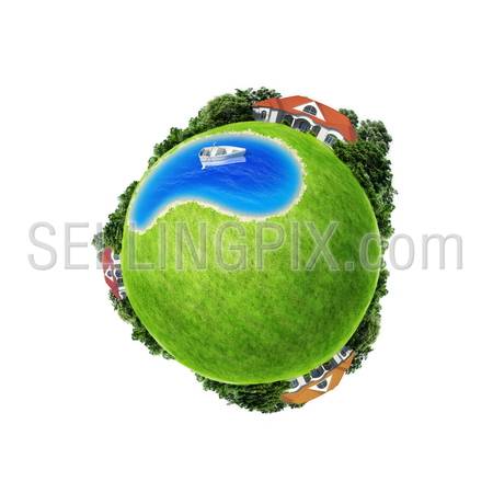 Mini planet concept isolated. Boat in center of the pond between three villages. Countryside concept. Earth collection. Green field copy space for text, logo, advertisement or product.