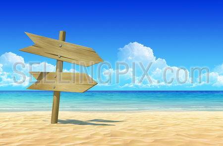 Empty wooden double signpost to place your logo, product or text  on idyllic tropical sand beach. Clean, extremely detailed 3d render. Concept for rest, holidays, resort, spa background.