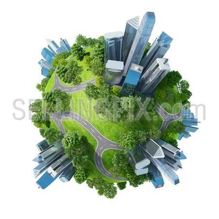 Conceptual mini planet green parks along with skyscrapers and roads. Calmness in city chaos. One of a series. Isolated.