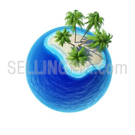 Tropical island with palms and empty ocean isolated. Mini planet concept. Travel and business concept. Earth collection.