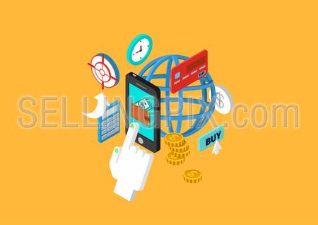 Mobile payment flat 3d isometric design concept touch phone wallet money checkout transfer credit card vector web banners illustration print materials website click infographics elements collection.