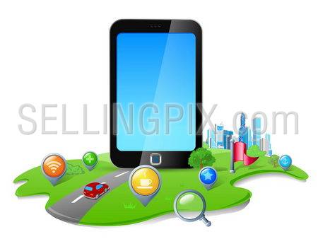 Touch screen phone GPS Navigation concept.  Map abstract 3d land. Vector.