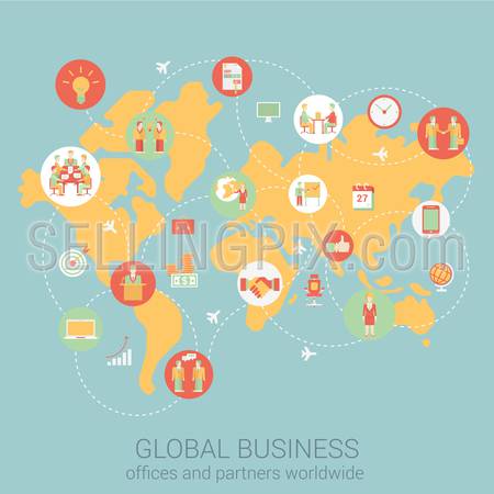 Global business worldwide flat style design vector illustration world map people partnership link connections staff office corporate concept. Collage of infographics. Big flat conceptual collection.