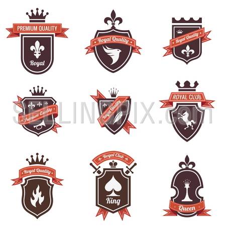 Vintage Labels set. Place your logo on shield. Copyspace.Shield with ribbon and crown. Coat of arms. Retro design. High quality.